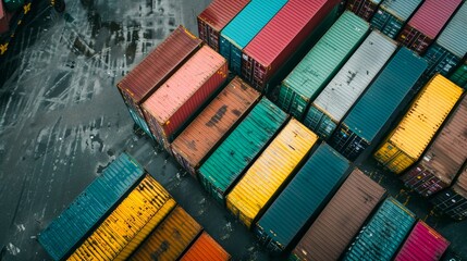 Aerial view of a shipping yard with various colored containers arranged in close proximity on the ground.