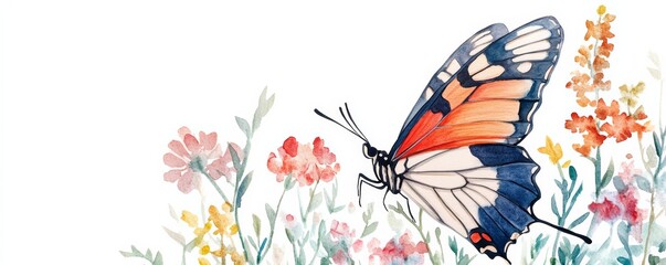 Watercolor illustration of a near butterfly wing with far, blurry garden flowers, isolated on white background