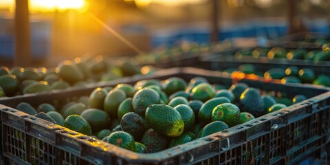 Canvas Print - Gathering organic avocados in plastic containers at a farm orchard.