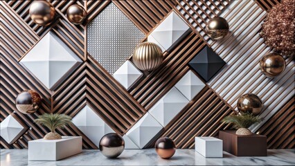 Poster - Artistic showcase of geometric sculptures and textured wall design featuring metallic accents and natural elements in an elegantly styled interior space. Generative AI