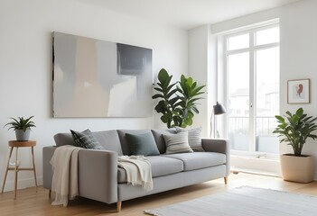 A modern living room with a gray sofa, a large abstract painting on the wall, and potted plants decorating the space. The room has a minimalist and cozy feel with natural light coming in through the w