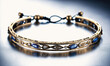 © Miklos - A gold bangle with blue and white gemstones is shown on a gray surface