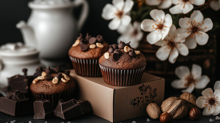 Wall Mural - Chocolate chip muffins with nuts with brown paper and a simple setting. 