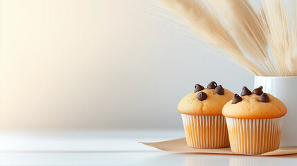 Wall Mural - Chocolate chip muffins with nuts with brown paper and a simple setting. 