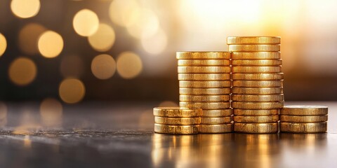 Stacked gold coins on a reflective surface, illuminated by soft bokeh lights, symbolizing wealth and prosperity.