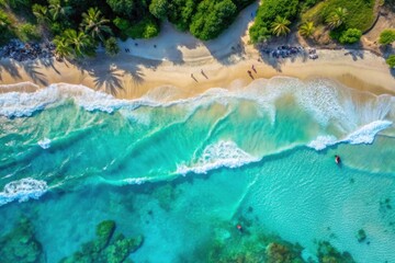 Breathtaking aerial view of a tropical beach with turquoise waters, gentle waves, and lush greenery during a sunny day, inviting visitors to relax and explore. Generative AI