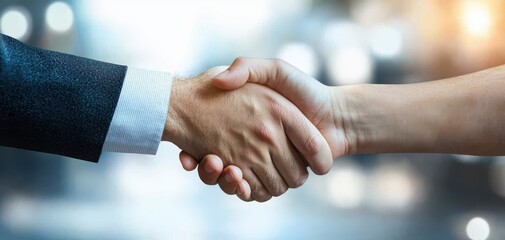 A close-up view of two hands shaking, symbolizing agreement, partnership, and collaboration in a professional setting.