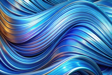 Poster - Vibrant blue metallic waves undulate gracefully, reflecting light in a mesmerizing dance of color and texture under soft illumination in an abstract art display. Generative AI