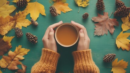 Wall Mural - Cozy autumn vibes with a warm beverage surrounded by colorful leaves and pine cones on a wooden table