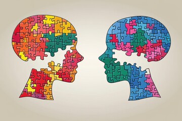 Conceptual digital illustration of two human profiles with colorful puzzle piece brains symbolizing cognitive diversity the search for understanding and the complexity of human relationships