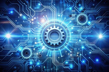 Poster - Exploring the vibrant interplay of gears and digital circuits in a futuristic technology landscape. Generative AI