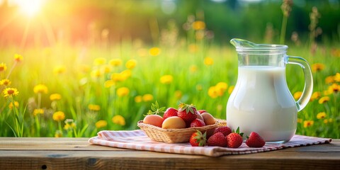 Jug of milk and fresh fruits in a summer field background, summer, field, background, milk, jug, fresh fruits, agriculture