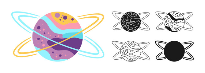 Wall Mural - Fantasy Planet with ring cartoon set for children. Fantastic cosmos sign icon linear design. Abstract fantastic doodle galaxy comic kids planet symbol. Vector celestial space sphere for website app