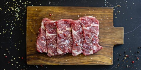 Fresh raw pork neck seasoned with salt and pepper from above Pork neck meat displayed on a wooden cutting board in top view