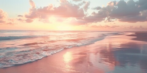 Wall Mural - Deserted beach with serene ocean Soft pink sunset on tranquil evening