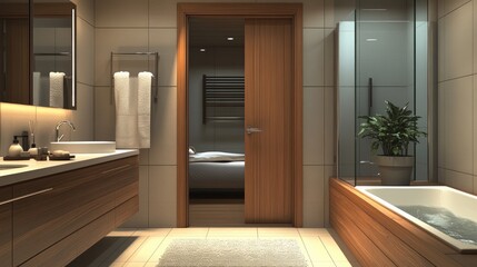 Fototapete - 3D rendering of a modern bathroom interior featuring two countertops a washbasin and a bathtub with an open wooden door leading to the corridor
