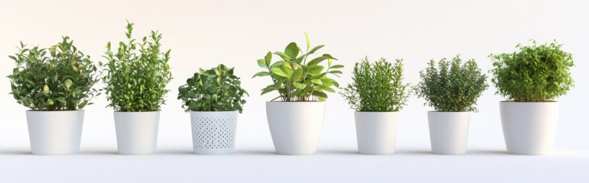 3D rendering of artificial potted herbs against a white background for home decor