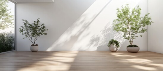 Poster - 3D rendering of a minimalist Scandinavian interior featuring plants in vases on a wooden floor large walls and a white landscape visible through the window Nordic home design concept