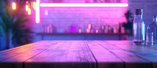 Fototapete - 3D rendering of a kitchen table background with a wooden countertop in a blurred white clean abstract home interior featuring bokeh ideal for product display or montage for a dining setting