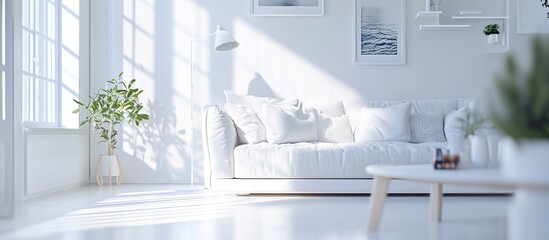 Poster - 3D rendering of a white living room featuring a sofa in Scandinavian interior design style