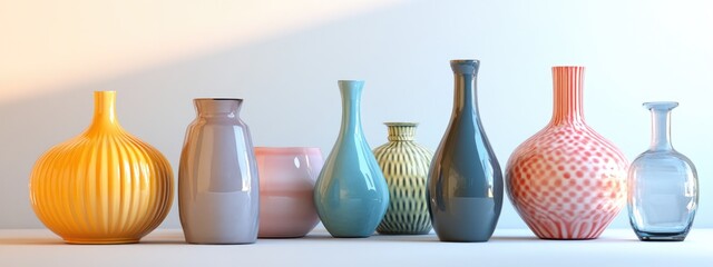 Poster - 3D rendering of a unique colorful ceramic vase alongside glass bottles