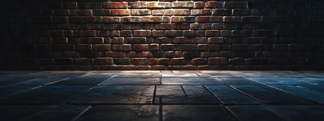 Poster - 3D rendering of a dark room featuring a tiled floor and a brick wall backdrop
