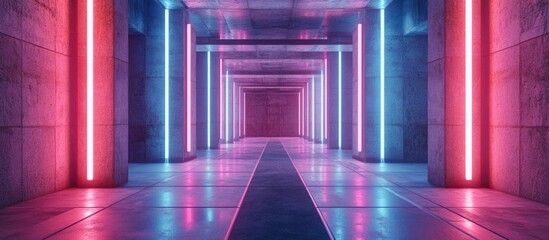 Poster - Futuristic Sci Fi interior featuring abstract concrete elements with glowing pink and blue neon tubes 3D rendering