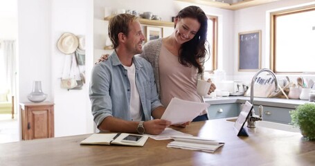 Sticker - Man, woman and kitchen with financial planning documents, hug and excited for successful investments. Writing, applause and happiness for finances, budgeting and taxes for insurance fund savings