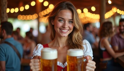 Happy woman in bavarian dirndl dress holding two beer mugs at oktoberfest