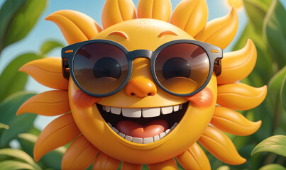 A smiling sun wearing sunglasses in a field on a bright day