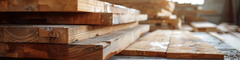 Poster - stack of lumber prepared for framing alongside a blank canvas on a table