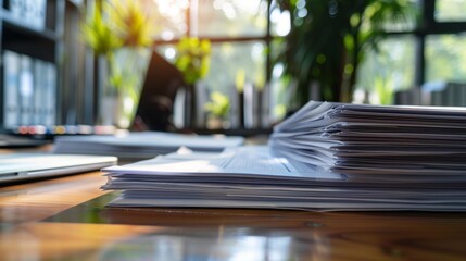 Public relations manager, side view, with press releases on table in office generative ai