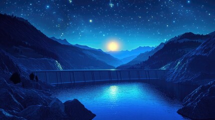 3D cartoon depiction of a beautiful mountain lake and dam beneath a starry night sky