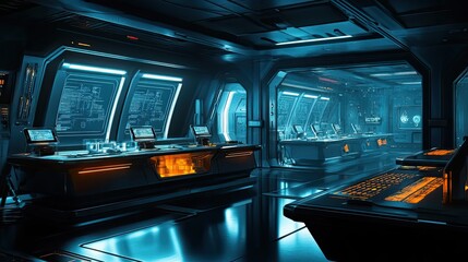 Poster - Futuristic Interior with Blue and Orange Lighting and Multiple Screens