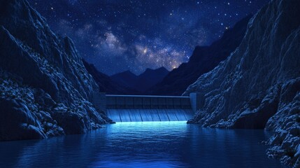 3D cartoon depiction of a beautiful mountain lake and dam beneath a starry night sky