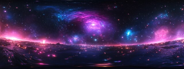 360 degree nebula panorama in a 3D cartoon rendering featuring an equirectangular projection and environment map HDRI spherical panorama showcasing a space background with nebula and stars 3D illu