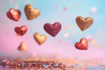 Valentine's day background floating glittery heart shapes falling confetti pastel background,  copy space, saint valentine and love background concept