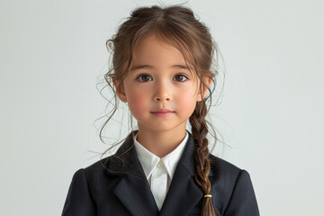 Wall Mural - young caucasian girl with neatly styled hair and bright color eyes poses confidently in her school uniform. Her soft smile and tidy appearance make her look both adorable and mature.