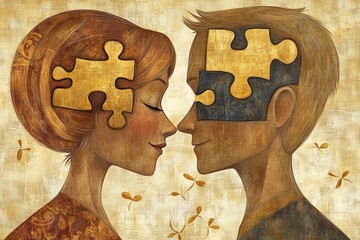 Canvas Print - Puzzle Faced Connection A Conceptual Illustration of Two Individuals with Puzzle Pieces Replacing Parts of Their Faces Representing Mental Compatibility and Incomplete Thoughts