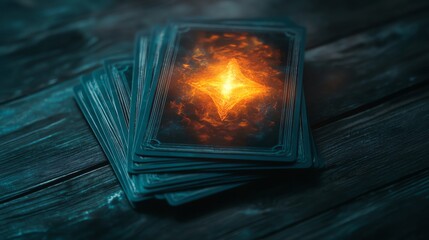 A mystical card deck glowing with orange light, resting on a textured wooden surface, evoking mystery and intrigue.