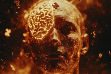 Canvas Print - Fiery Cognitive Disintegration A Visually Striking Representation of a Mans Face Partially Dissolved by Flames Symbolizing Mental and Emotional Breakdown