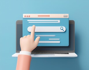 3D hand hovers over a laptop s search bar ready to type in a query, 3D Illustration