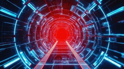 Wall Mural -  Futuristic 3D Tunnel Design in Cyberspace with Glass and Metal Elements in Blue and Red Tones - Digital Illustration