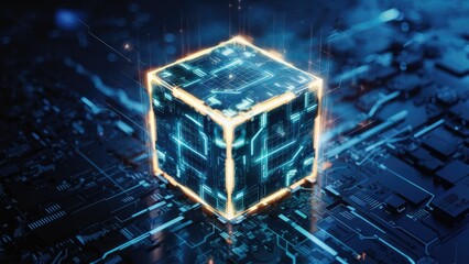 Poster - futuristic 3d glowing cube technology, abstract hud element with bright energy illumination, digital