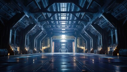 Poster -  Futuristic 3D illustration of a sci-fi hangar featuring high ceilings, metallic structures, and atmospheric lighting.