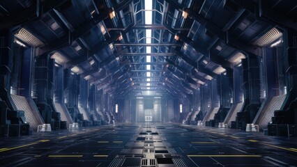 Poster -  Futuristic 3D illustration of a sci-fi hangar featuring high ceilings, metallic structures, and atmospheric lighting.