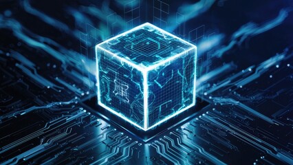 Poster - futuristic 3d glowing cube technology, abstract hud element with bright energy illumination, digital