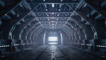 Poster -  Futuristic 3D illustration of a sci-fi hangar featuring high ceilings, metallic structures, and atmospheric lighting.