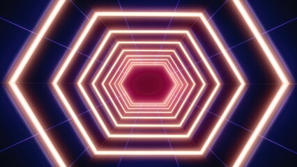 Poster -  Futuristic 3D neon laser-lit geometric hexagon tunnel background. High-quality computer graphics render for synthwave-inspired wallpaper in 4K resolution.