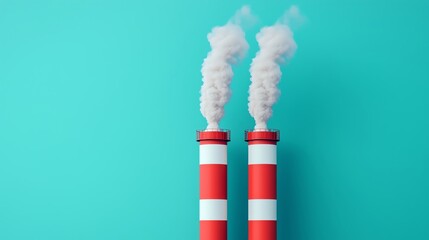 two red and white chimneys release smoke against a turquoise background, symbolizing industry and en